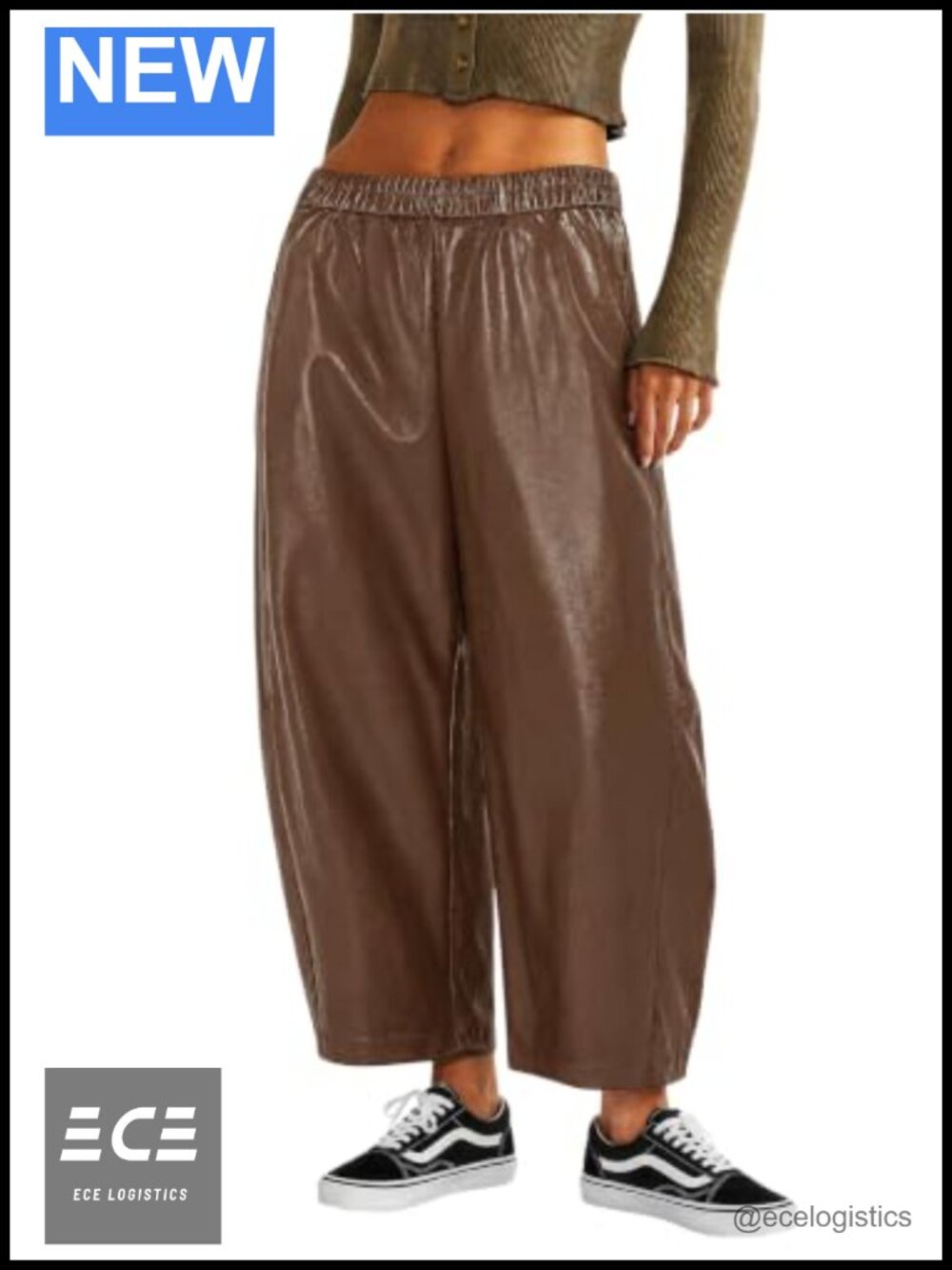 Faux Leather Wide Leg Pants High Waist Pull On Business Casual